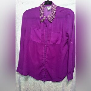 Sheer Purple Button-Up Shirt with Embellished Collar